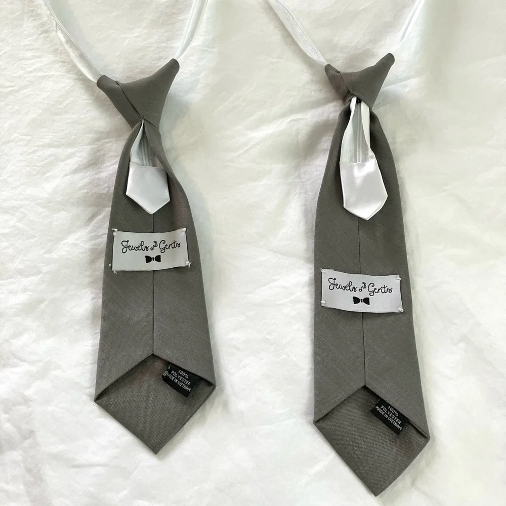 Boys formalwear accessories: 2 gray suspenders & adjustable ties, green bow tie